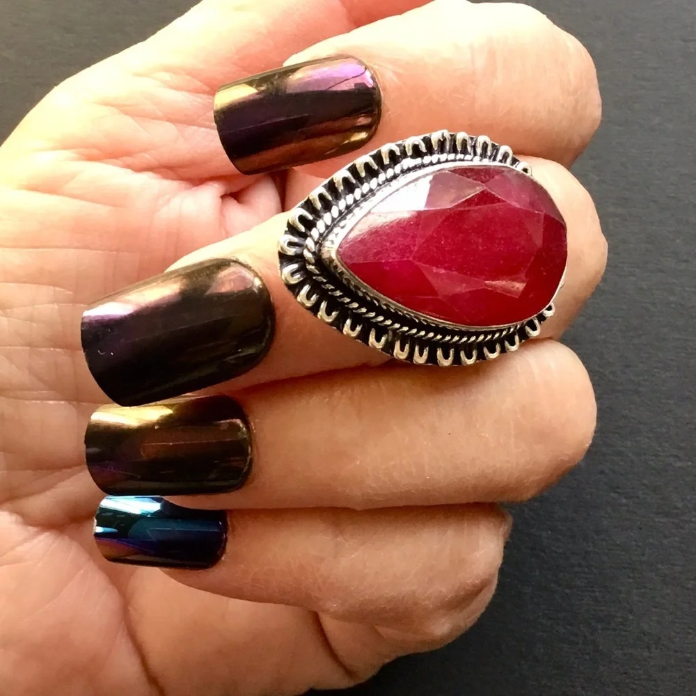 Large Red Ruby Gemstone Ring Tear Drop Style Faceted Handmade Size 6.5